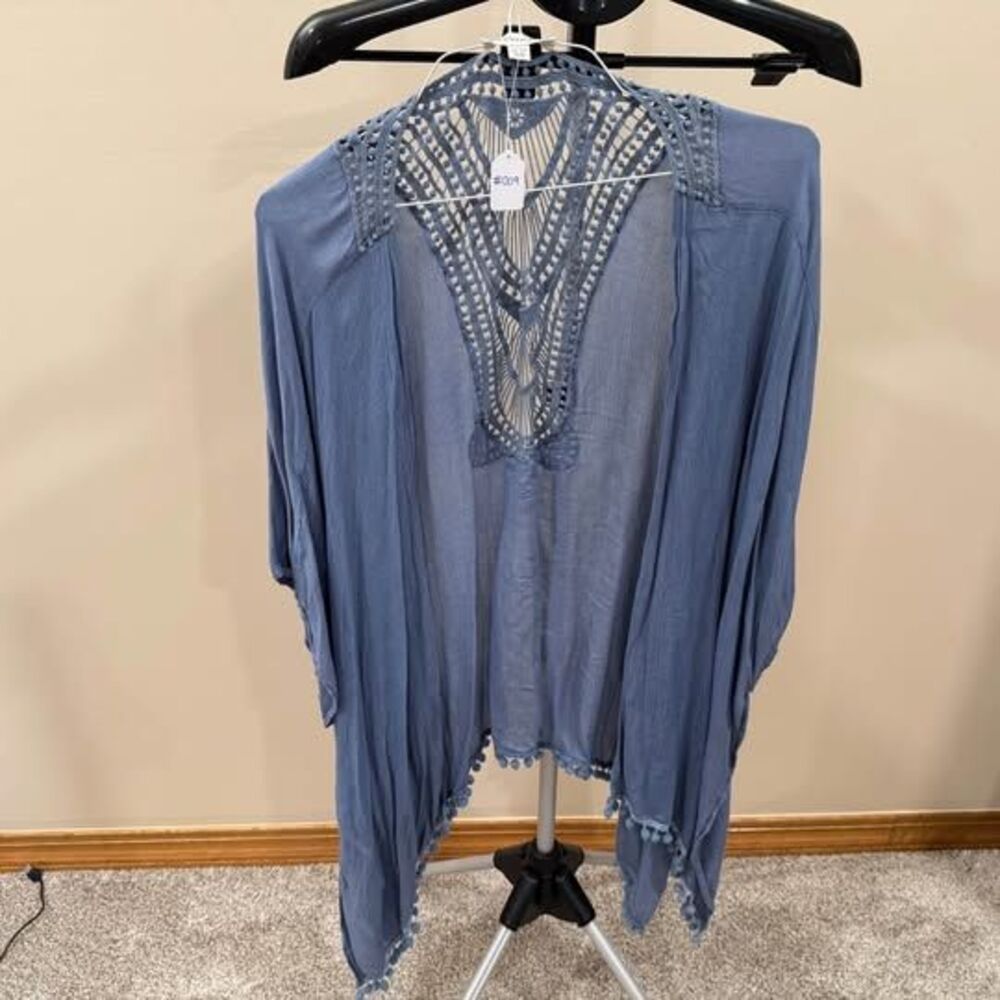 Francesca's Blue Crochet Back Kimono Cardigan
